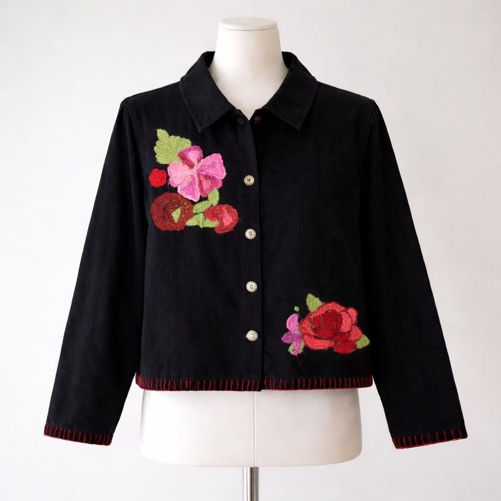 Choices Floral Embroidered Jacket Petite Large Black Artsy Boho‎ Romantic Y2K